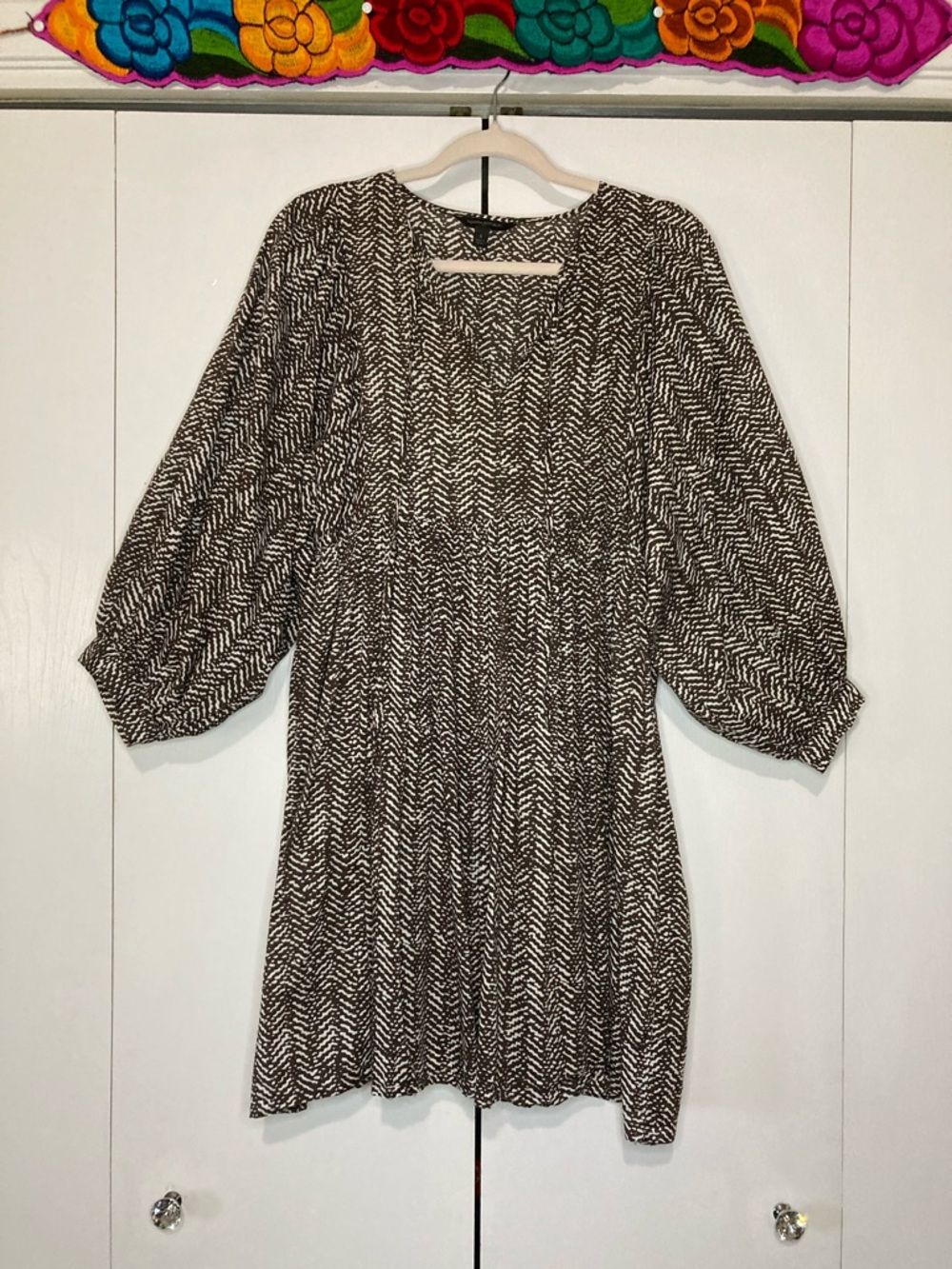 Banana Republic S Chocolate Brown Old Money Print Gauzy 3/4 Sleeve Summer Dress